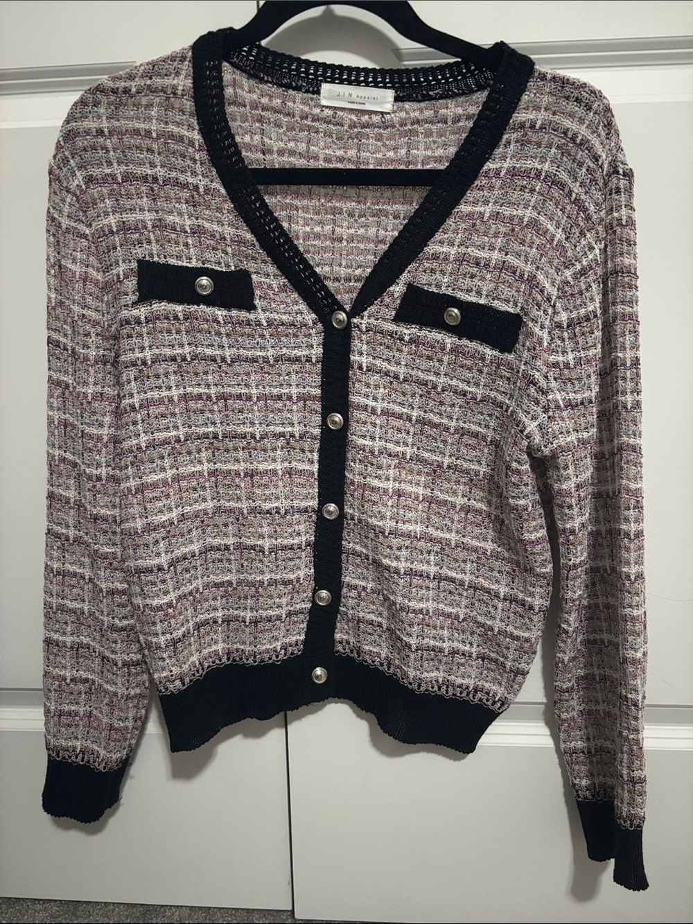 Tweed Button-Front Cardigan in Lavender/Black